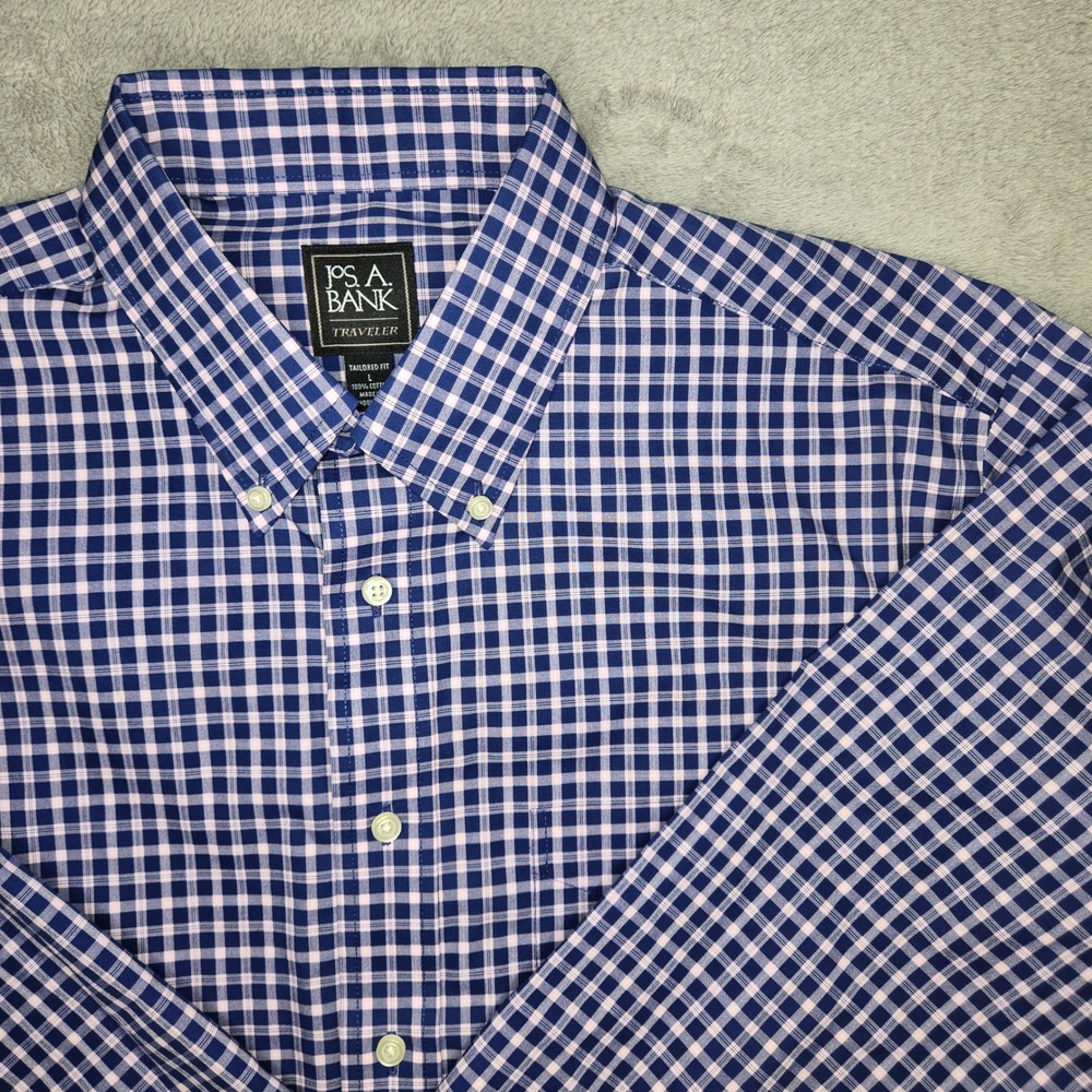 Jos. A. Bank Traveler Tailored Fit Button Down Shirt Bundle Mens L Gingham Blue - Picture 2 of 13